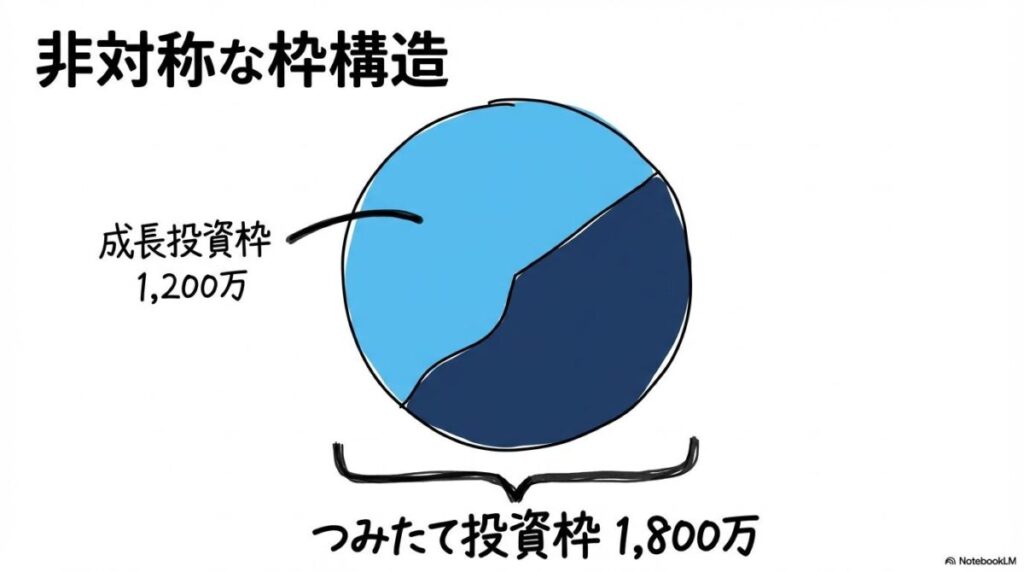 新NISAの非対称な枠構造の図解。生涯枠1,800万円の中での成長投資枠1,200万円制限を、円グラフで表現した画像。