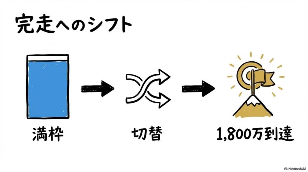 成長枠を使い切った後の残り600万円の埋め方の戦略図。1,200万円からの切り替えプロセスを、3ステップ図で表現した画像。