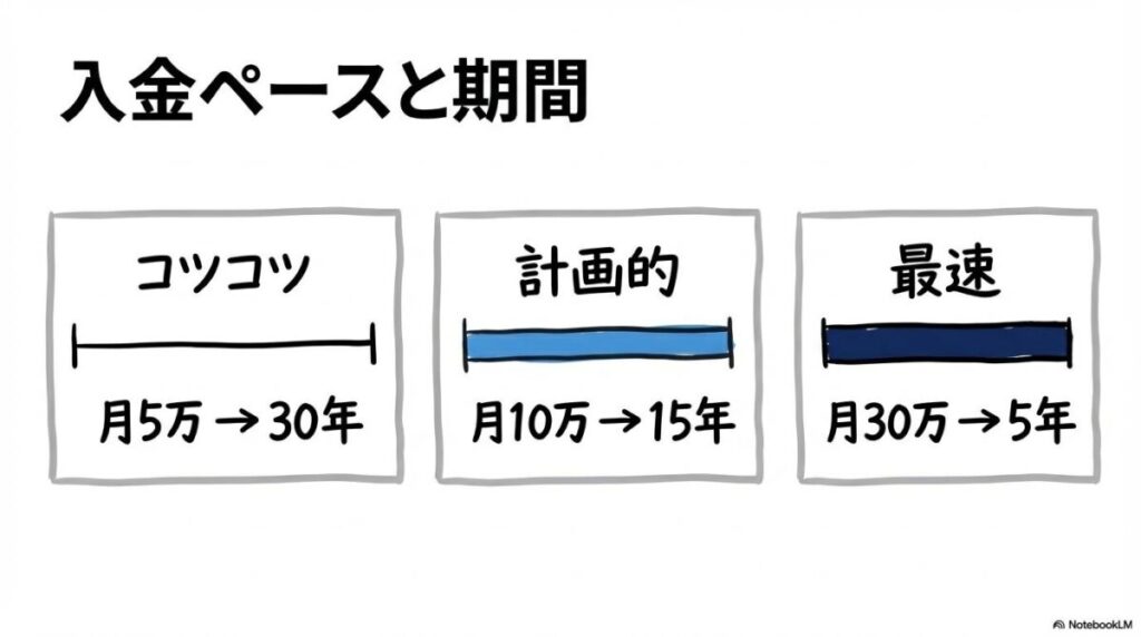 入金ペース別の1,800万円枠到達期間の比較図。月5万から30万までの到達年数を、タイムラインカードで表現した画像。