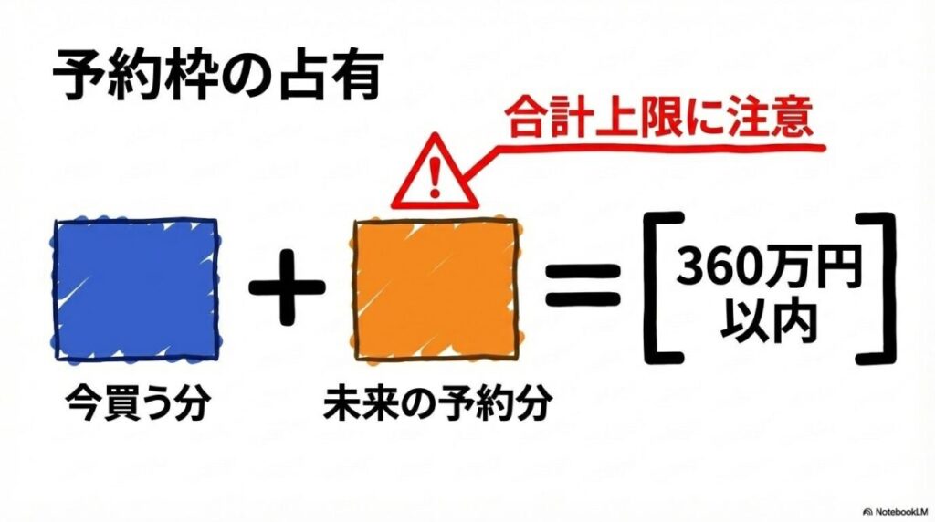 併用時の限度額管理とエラーの原因の図解。積立設定による予約枠の占有を、数式図で表現した画像。