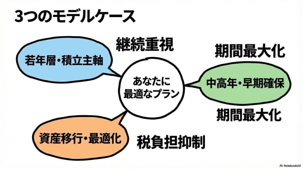 目的別の「どっちから」の選び方のモデルケース図解。3つの代表的な運用スタイルを、センター配置で表現した画像。