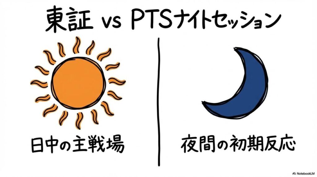 ホンダ pts 株価 見方の基本。東証とPTSの取引時間の違いを、VS図で表現した画像。