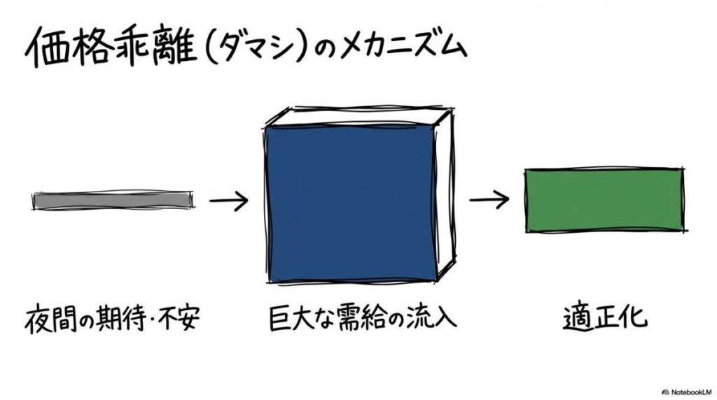 ホンダのPTS価格が翌日始値とズレる「乖離」の正体の図解。夜間の反応から翌朝の適正化への流れを、3ステップ図で表現した画像。