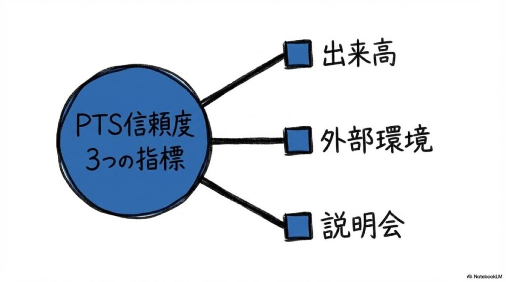 ホンダ pts 株価 見方の極意。翌日の取引に向けた3つの判断軸を、センター配置で表現した画像。