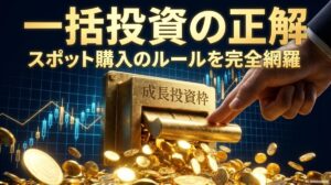 成長投資枠での一括投資を象徴する、金色の巨大なスイッチと新NISAコインの3Dイメージ。この記事のテーマである「成長 投資 枠 スポット 購入」の決断を後押しする、力強いガイドの一枚。