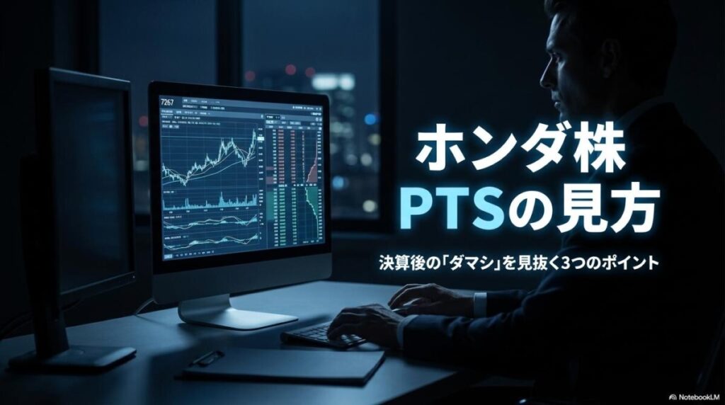 夜の書斎でホンダ株のPTSチャートを見守る投資家の様子。この記事のテーマである「ホンダ pts 株価 見方」と、夜間取引のリスク管理を象徴する一枚。