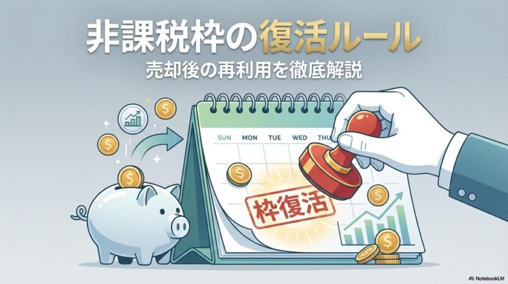 非課税枠の再利用ルールを論理的に表現したモダンなイラスト。この記事のテーマである「成長 投資 枠 スポット 購入」における簿価管理と枠復活の仕組みを可視化した、分かりやすい一枚。