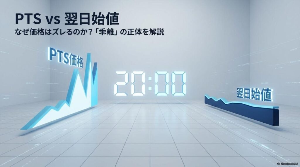 PTS価格と翌日始値の乖離を表現した3Dインフォグラフィック。この記事のテーマである「ホンダ pts 株価 見方」における、価格ズレの理由を象徴する一枚。