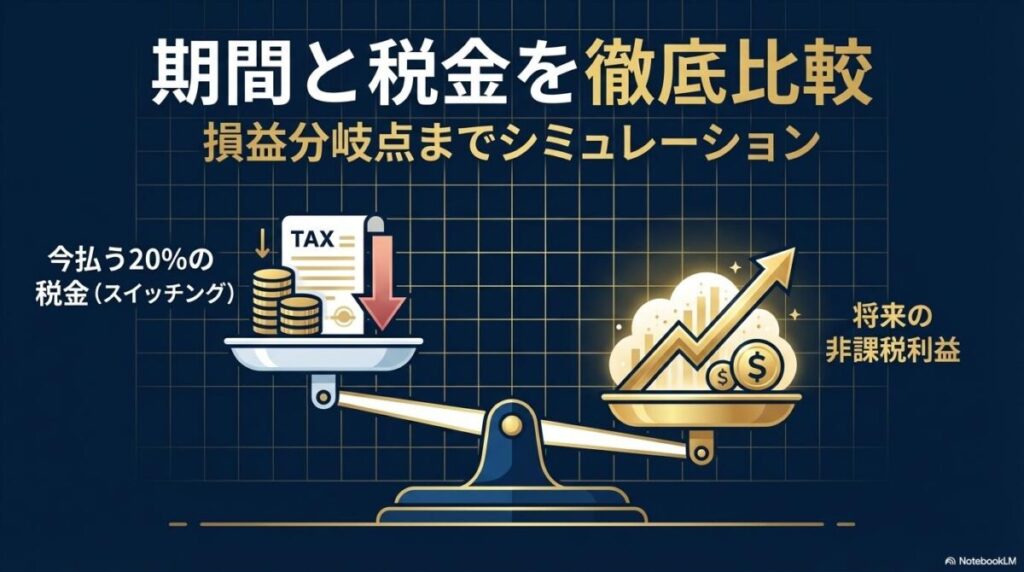 税金と利益を天秤にかけるインフォグラフィック。この記事のテーマである「新NISAの成長投資枠と積立投資枠はどっちから」を象徴する一枚。