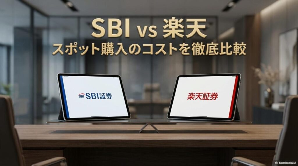 SBI証券と楽天証券のアプリを比較検討するデスク上の実写イメージ。この記事のテーマである「成長 投資 枠 スポット 購入」における証券会社選びの重要性を象徴する、専門的な一枚。