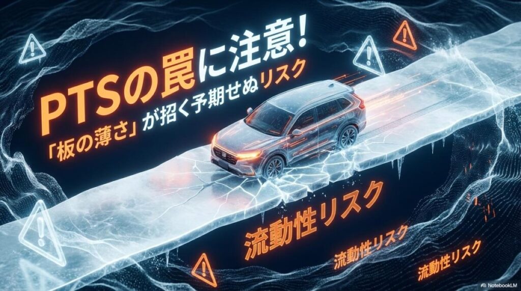 デジタル空間の薄い氷の上を走る車のイラスト。この記事のテーマである「ホンダ pts 株価 見方」における、板の薄さ（流動性リスク）への警告を象徴する一枚。