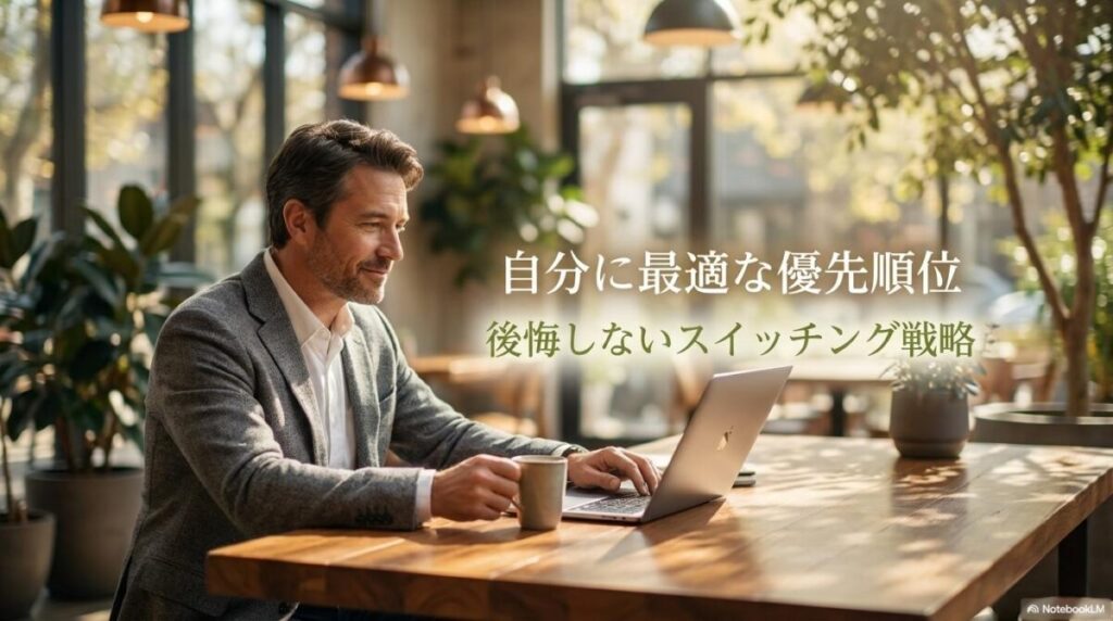 カフェで資産計画を立てる男性の様子。この記事のテーマである「新NISAの成長投資枠と積立投資枠はどっちから」を象徴する一枚。