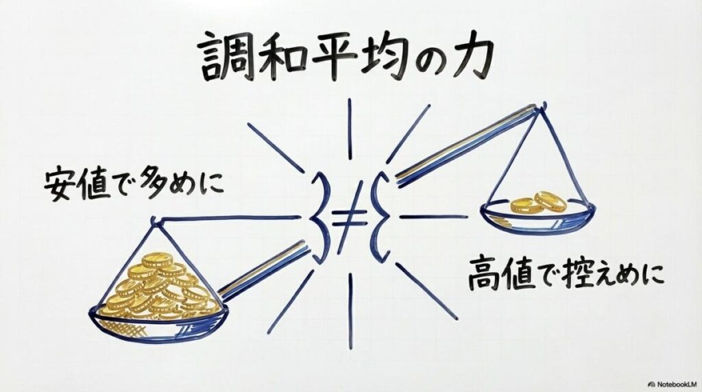 時間分散を支える調和平均の仕組みの図解。価格の上下に合わせて自動で購入口数が調整され、平均取得単価が安定するメカニズムを表現した画像。