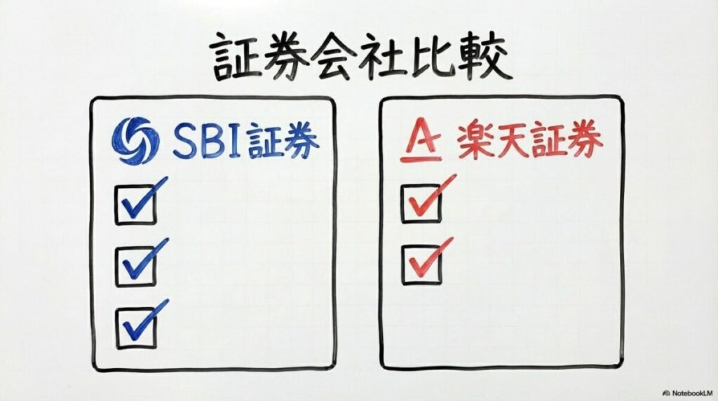 成長投資枠の毎日積立に対応した証券会社の機能比較図解。SBI証券と楽天証券の積立頻度の選択肢の違いをカード形式で表現した画像。