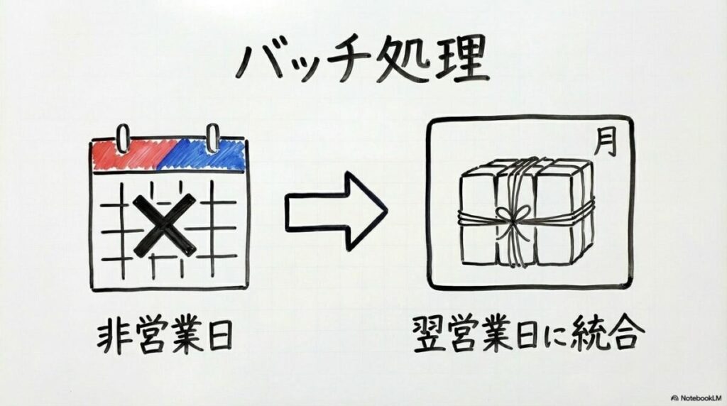 毎日積立における非営業日の買付ルールの図解。土日祝日の分が翌営業日にまとめて処理されるバッチ処理の仕組みを3ステップで表現した画像。