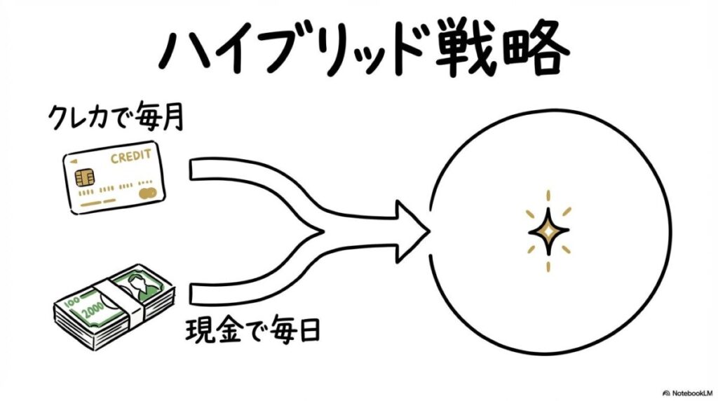 クレカ積立と毎日積立を組み合わせたハイブリッド戦略の図解。つみたて枠と成長枠を使い分け、ポイントと時間分散を両立させる構成を表現した画像。