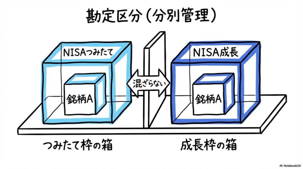 成長投資枠と積立投資枠で同じ銘柄が混ざらない勘定区分の図解。2つの独立した箱で管理される関係性を、カード型で表現した画像。