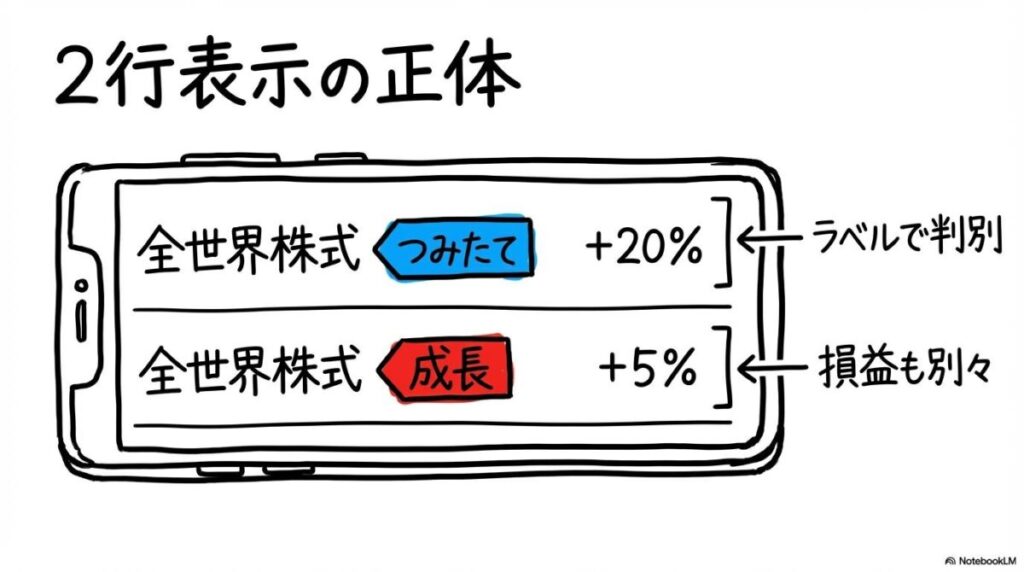 SBI証券や楽天証券のポートフォリオ画面での表示仕様の図解。同じ銘柄がラベル付きで2行に分かれる見え方を、カード型で表現した画像。