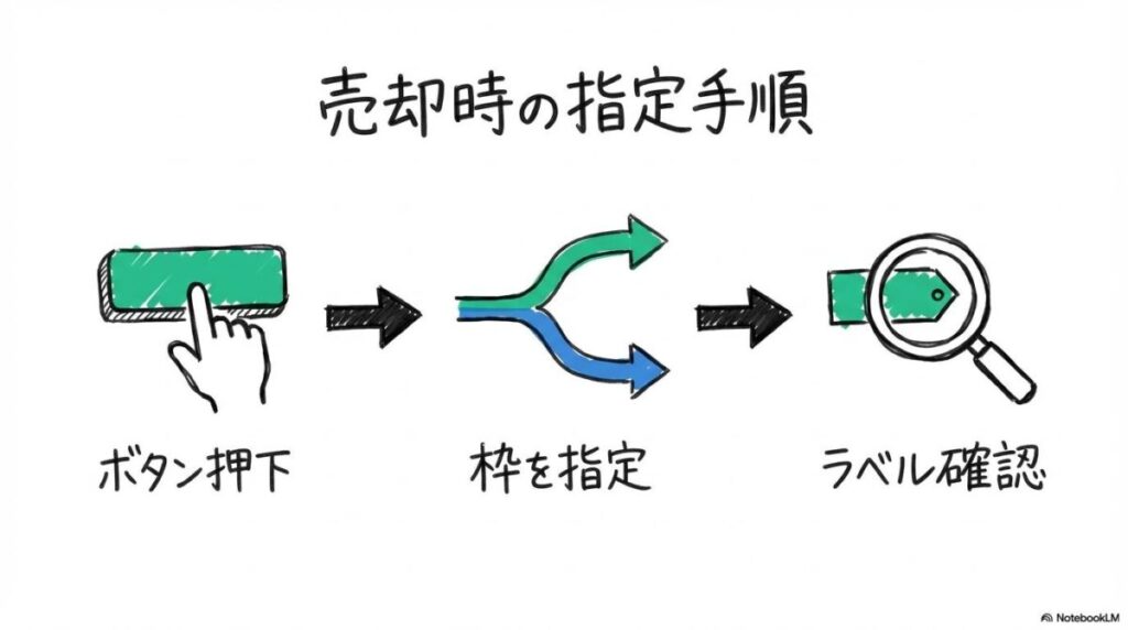 売却時の指定注文の手順の図解。枠の選択から最終確認までの流れを、3ステップ図で表現した画像。