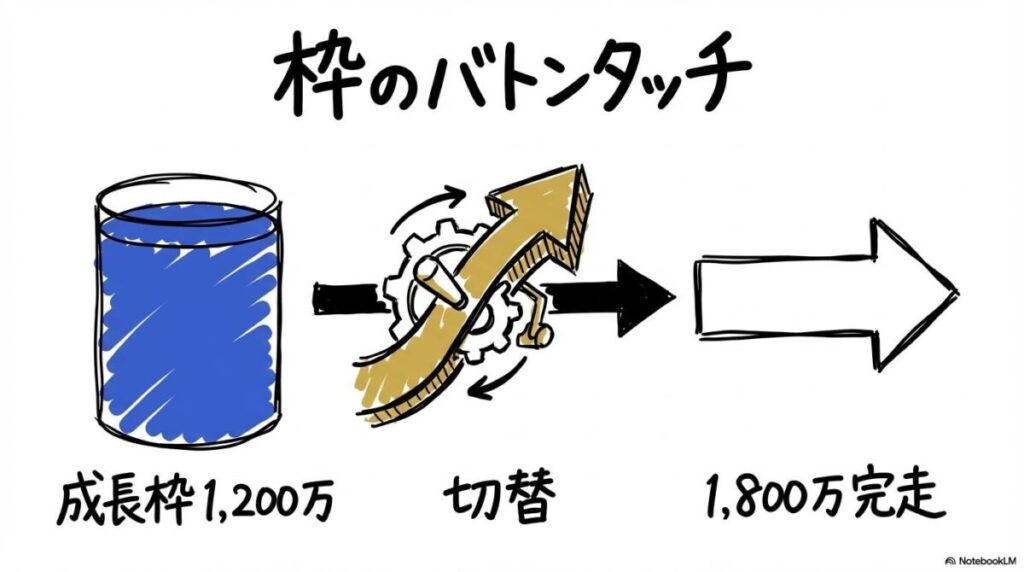 成長枠上限到達時の買い足し戦略の図解。成長枠からつみたて枠へのスムーズな移行を、3ステップ図で表現した画像。