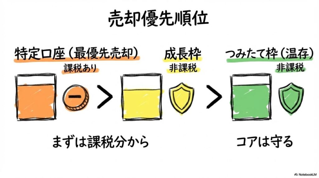 特定口座を含む売却優先順位の図解。課税口座から優先して減らす戦略を、不等号の数式図で表現した画像。