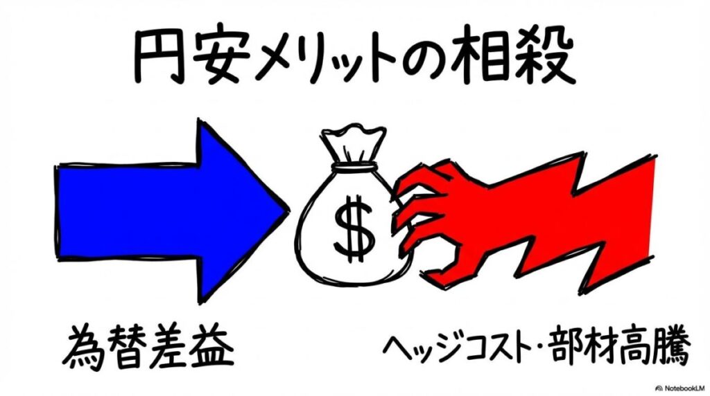 ヘッジコスト（為替予約）の図解。円安のメリットとコスト増の相殺関係を、VS図で表現した画像。