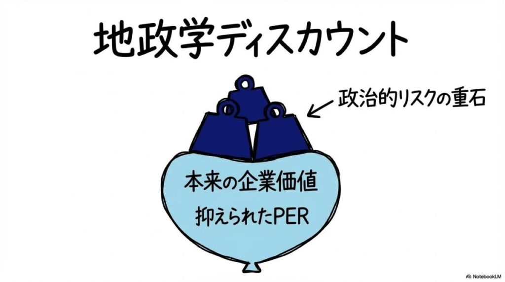 地政学的リスクプレミアムの図解。政治的リスクがPER（評価額）を押し下げる構造を、センター配置で表現した画像。