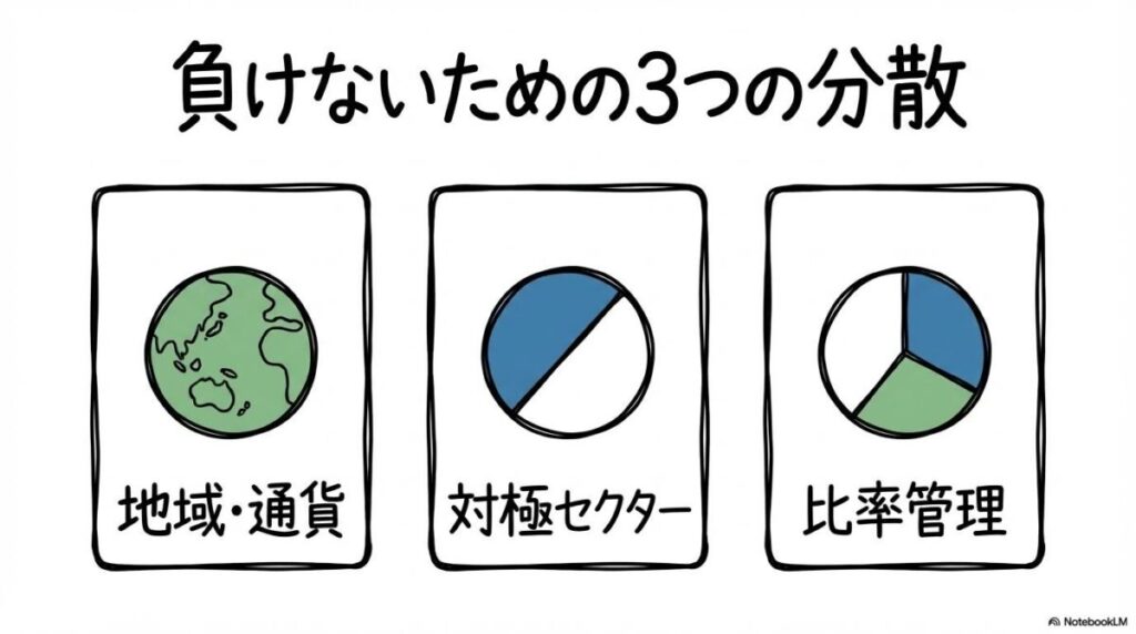 分散投資の考え方の図解。地域、セクター、比率管理という3つの分散軸を、カード型で表現した画像。
