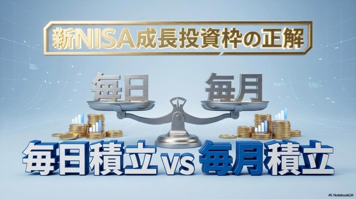 「毎日」と「毎月」の積立頻度を比較する天秤の3Dイラスト。この記事のテーマである「成長投資枠での毎日積立と毎月積立の比較」を象徴する一枚。