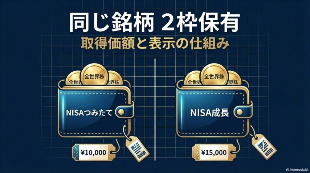 新NISAの2つの枠で同じ銘柄を保有する際の分別管理のイメージ。この記事のテーマである「成長投資枠と積立投資枠で同じ銘柄を買うとどうなるか」を象徴する一枚。