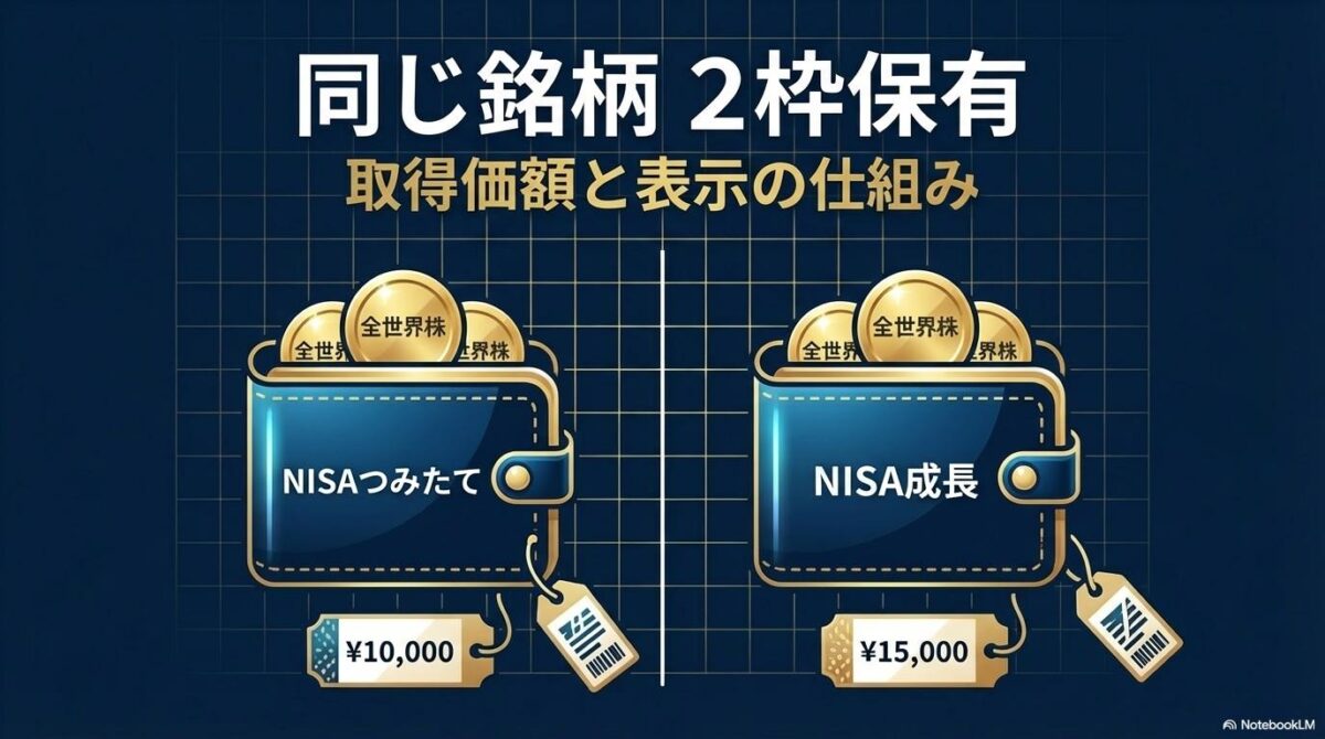 新NISAの2つの枠で同じ銘柄を保有する際の分別管理のイメージ。この記事のテーマである「成長投資枠と積立投資枠で同じ銘柄を買うとどうなるか」を象徴する一枚。