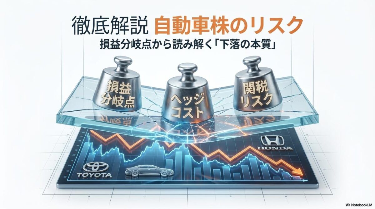 リスクの分銅によって押し下げられる株価グラフの3Dイラスト。この記事のテーマである「自動車株 下落 理由」の構造的な要因を象徴する一枚。