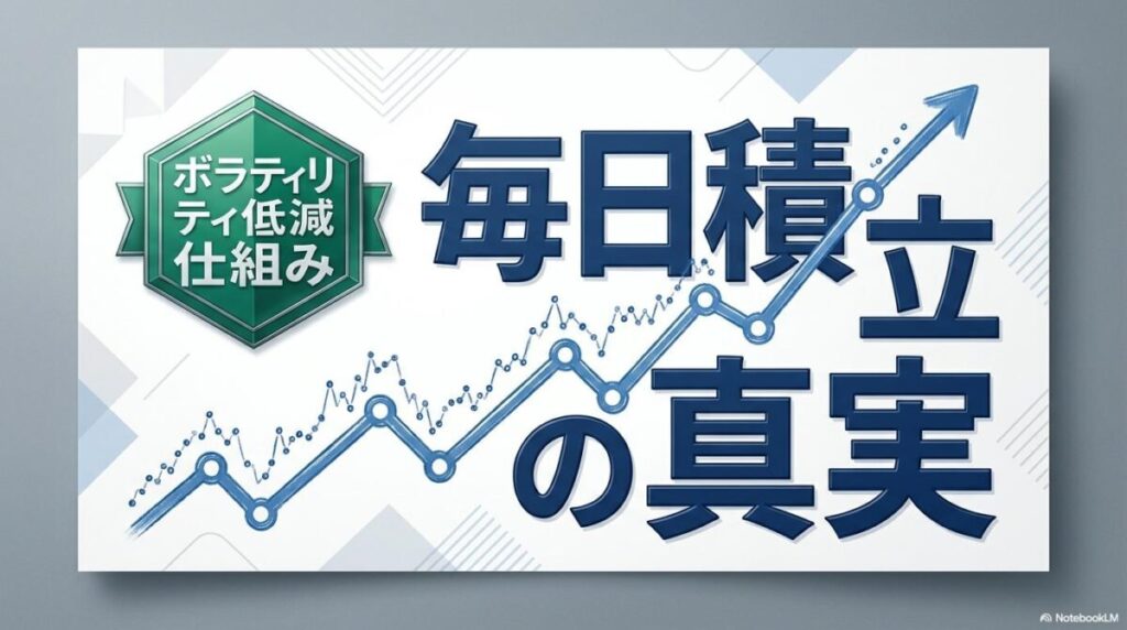 積立投資の時間分散効果を表現したインフォグラフィック風の画像。この記事のテーマである「毎日積立によるボラティリティ低減の数学的背景」を象徴する一枚。