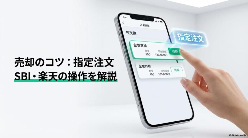 スマートフォンの管理画面で売却枠を指定する様子のイラスト。この記事のテーマである「成長投資枠と積立投資枠で同じ銘柄を買うとどうなるか」を象徴する一枚。