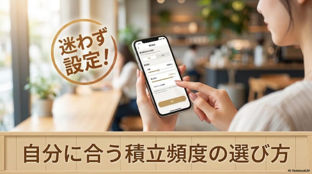 スマホアプリで積立設定を行う様子を捉えた高品質な実写画像。この記事のテーマである「証券会社アプリでの毎日積立の設定手順と選び方」を象徴する一枚。