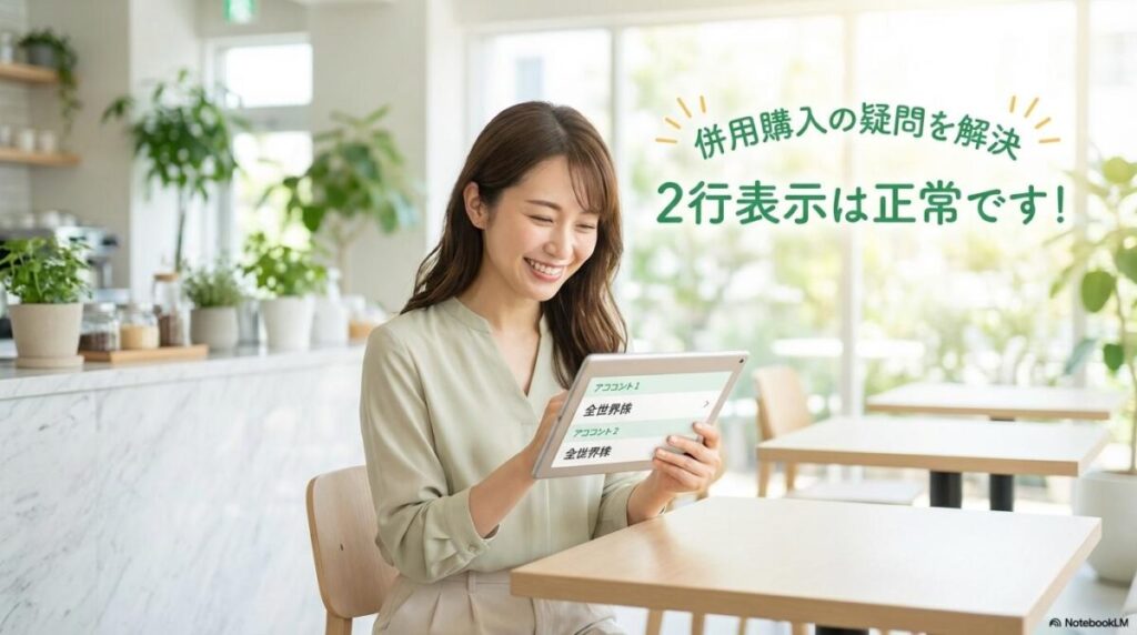 タブレットでNISAの資産表示を確認し納得する女性。この記事のテーマである「成長投資枠と積立投資枠で同じ銘柄を買うとどうなるか」を象徴する一枚。