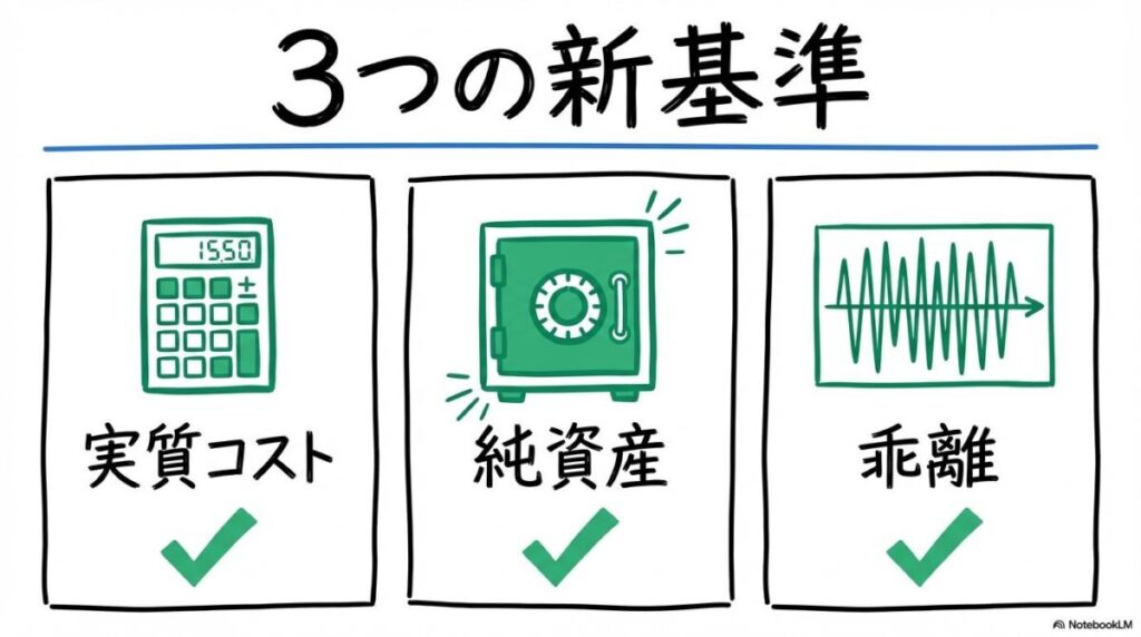 成長 投資 枠 おすすめ インデックス選びで失敗しないための「3つの客観的基準」の図解。実質コスト、純資産、トラッキングエラーの3つの要素の関係性を、カード型で表現した画像。