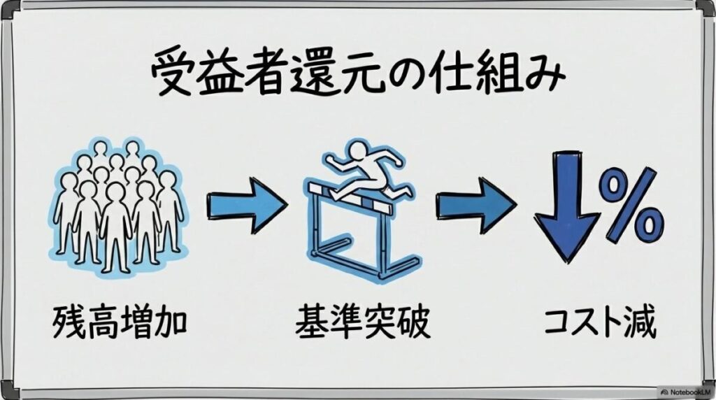 受益者還元型信託報酬のメリットの図解。残高が増えることで段階的にコストが下がるプロセスを、3ステップ図で表現した画像。