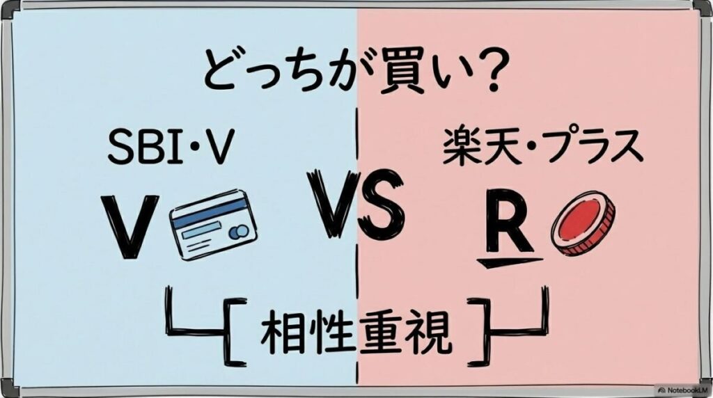 【ライバル比較】成長 投資 枠 おすすめ インデックス｜SBI・V vs 楽天・プラスの最適解の図解。2つのシリーズの立ち位置の違いを、VS図で表現した画像。
