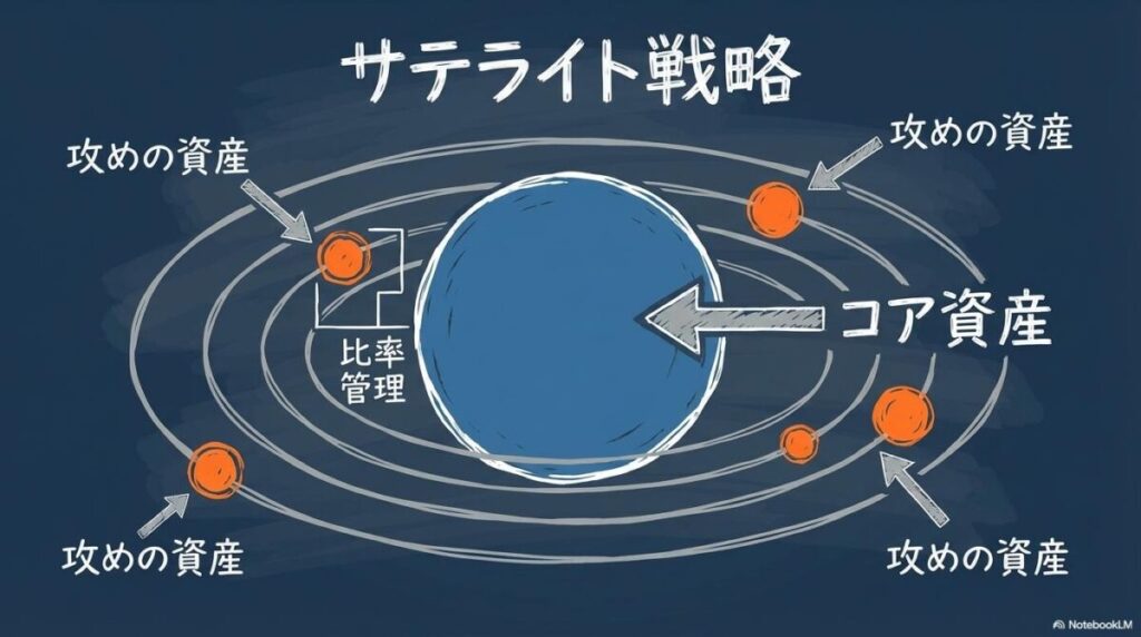 成長 投資 枠 おすすめ インデックスの「攻め」！NASDAQ100・FANG+のサテライト戦略の図解。コア資産とサテライト資産の理想的な比率を、センター配置で表現した画像。