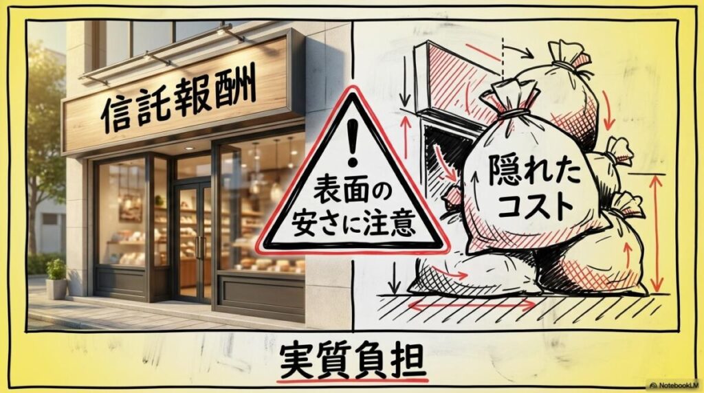 【警告】成長 投資 枠 おすすめ インデックスの「あて馬銘柄」に潜む隠れたリスクの図解。表面上の安さと実際のコスト負担のギャップを、スプリット構図で表現した画像。

