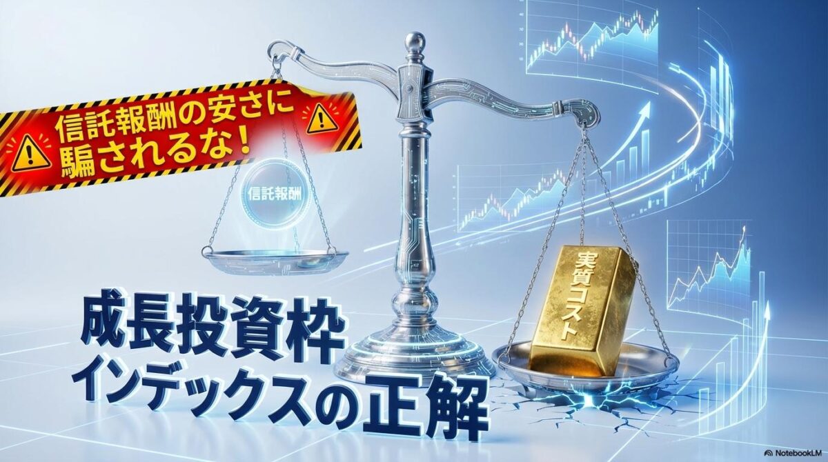 天秤の上で信託報酬よりも実質コストが重く表示されている3Dイメージ。この記事のテーマである「成長 投資 枠 おすすめ インデックス」の客観的な選び方を象徴する一枚。
