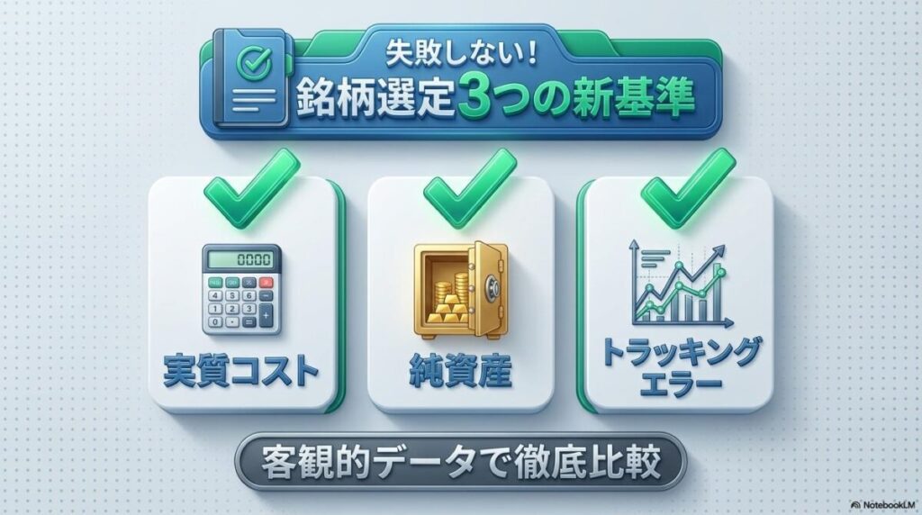 実質コストや純資産などの3つの選定基準がカード形式で整理されたインフォグラフィック。この記事のテーマである「成長 投資 枠 おすすめ インデックス」の比較基準を象徴する一枚。