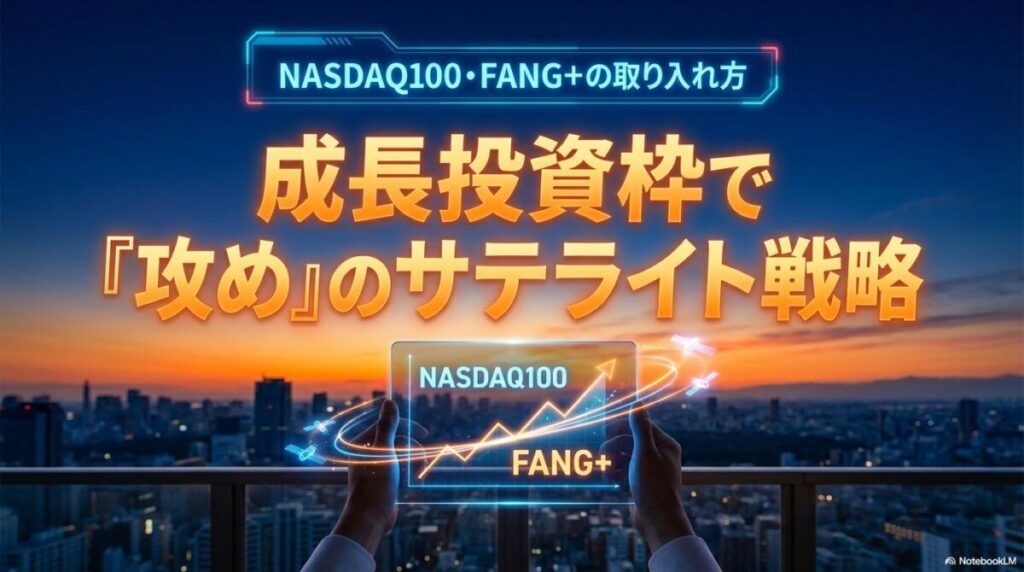 夜明けの都市を背景にNASDAQ100等のロゴが輝く近未来的なイメージ。この記事のテーマである「成長 投資 枠 おすすめ インデックス」の攻めの活用法を象徴する一枚。