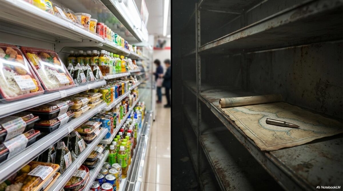 満たされた日本のコンビニの棚と、ホルムズ海峡封鎖によって空洞化した棚の対比。私たちの生活がいかに危ういバランスの上に立っているかを暴露する画像。