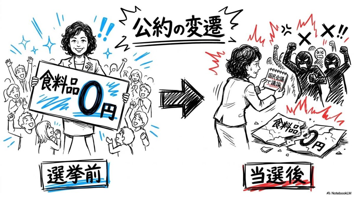 高市内閣の支持率急落の図解。選挙前の「食料品ゼロ」公約が、当選後に「議論中」へと後退した様子をビフォーアフターで表現した画像。