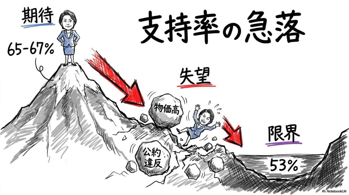 高市内閣支持率の推移図解。発足時の高支持率から、物価高や公約違反を経て過去最低の53%へ滑り落ちるプロセスを描いた画像。