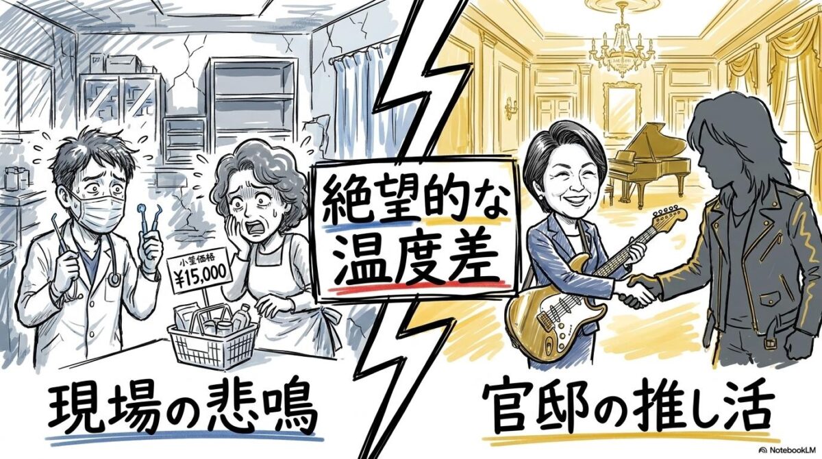 国民の生活不安と首相の行動のギャップ図解。ナフサ不足に悩む現場と、官邸でバンドと歓談する首相の「温度差」を対比させた画像。