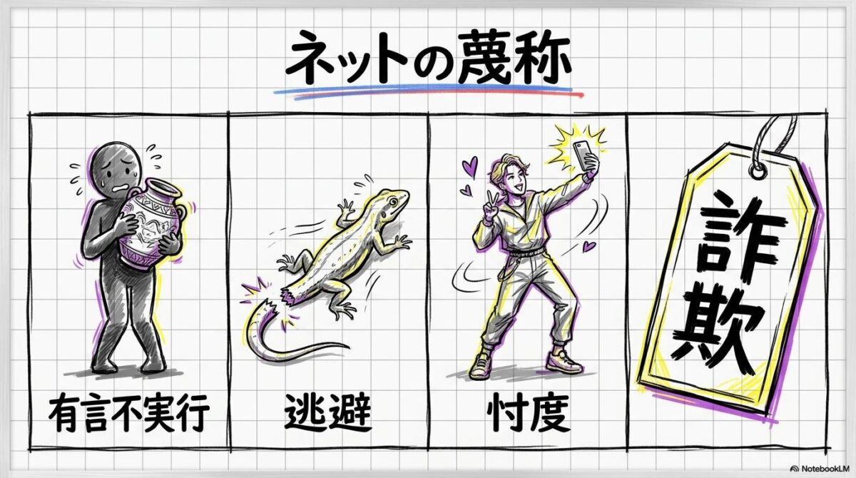 ネット上で高市内閣に向けられている蔑称の図解。壺、トカゲ、SNS総理など、国民の不信感を象徴する4つのキーワードをカード形式で整理した画像。