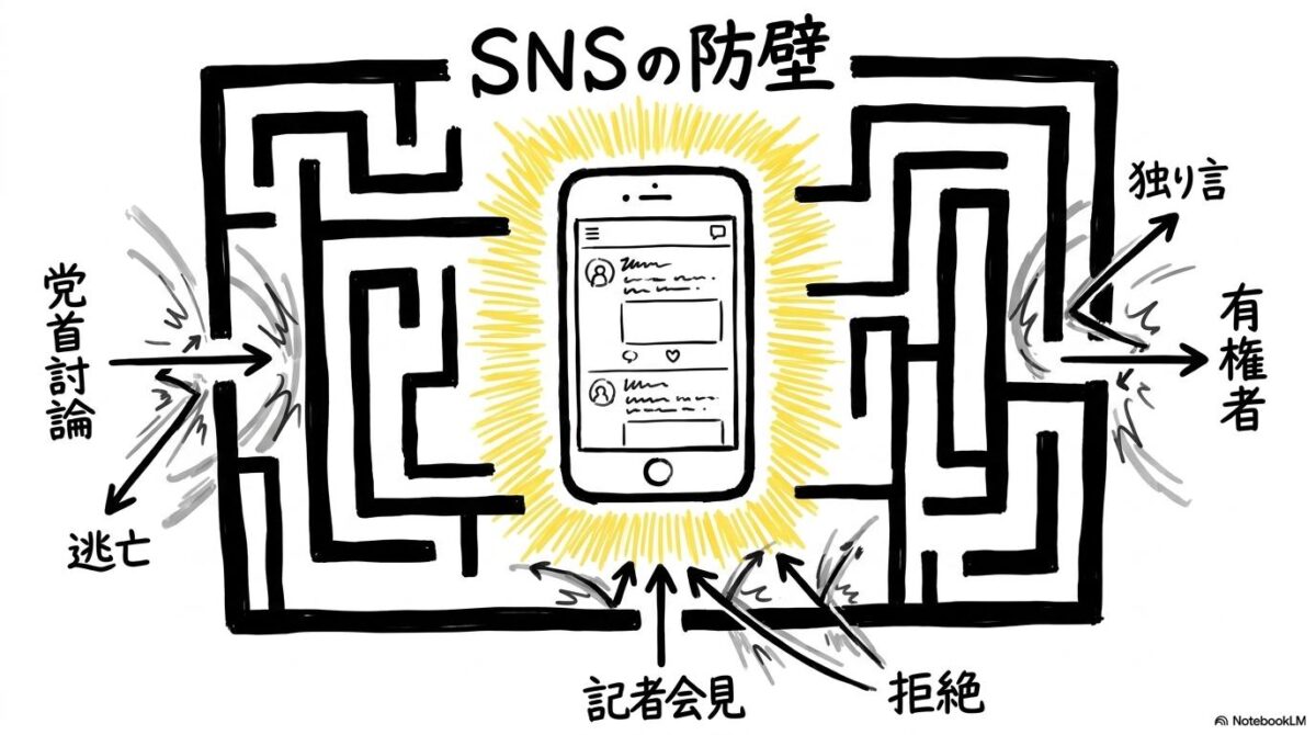 高市首相の対話拒絶戦略の図解。SNSを盾にして、党首討論や記者会見などの直接的な批判から逃げ回る「SNS弁慶」の構造を表現した画像。